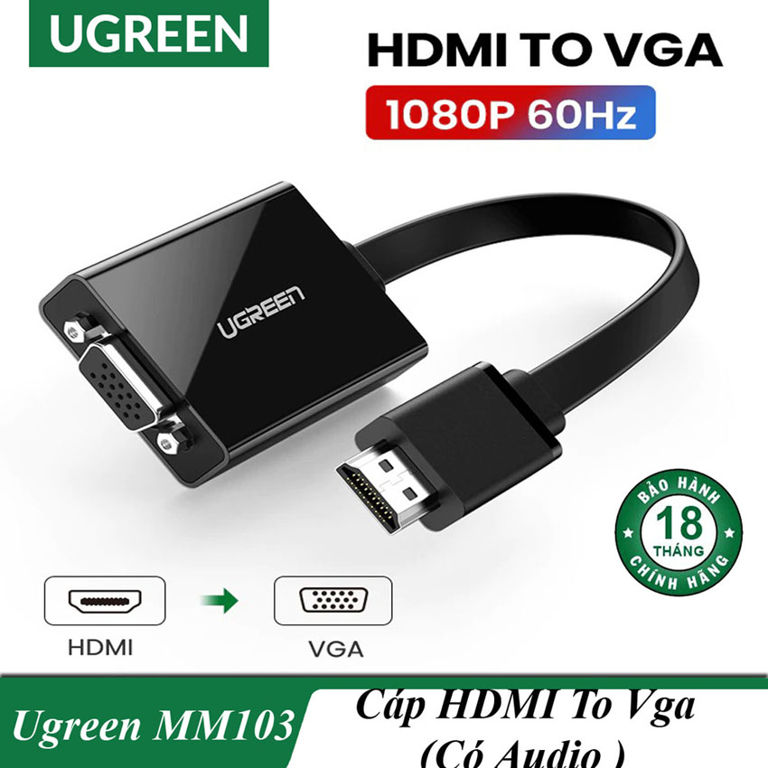 Cáp chuyển đổi hdmi to vga dẹt có audio ugreen mm103 chính hãng