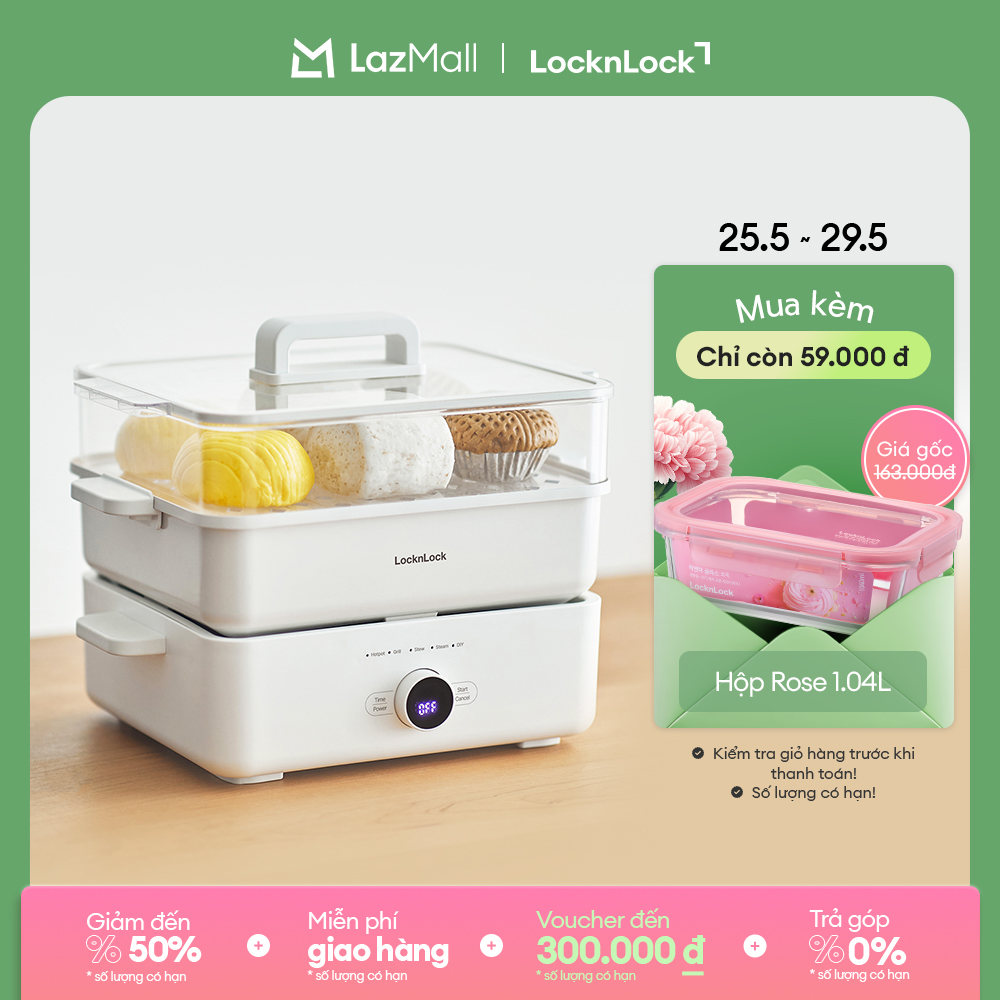 Nồi lẩu đa năng LockLock Bianco Electric Multicooker 4.5L EJP154IVY màu ngà, 4in1 lẩu nướng luộc hấp, chống dính