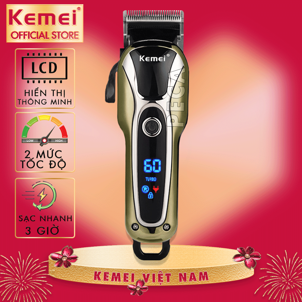 Tông đơ cắt tóc 2 mức tốc độ Kemei KM-1990 / KM-809A màn hình LCD thông minh hiện thị pin, khóa nguồn, tốc độ...