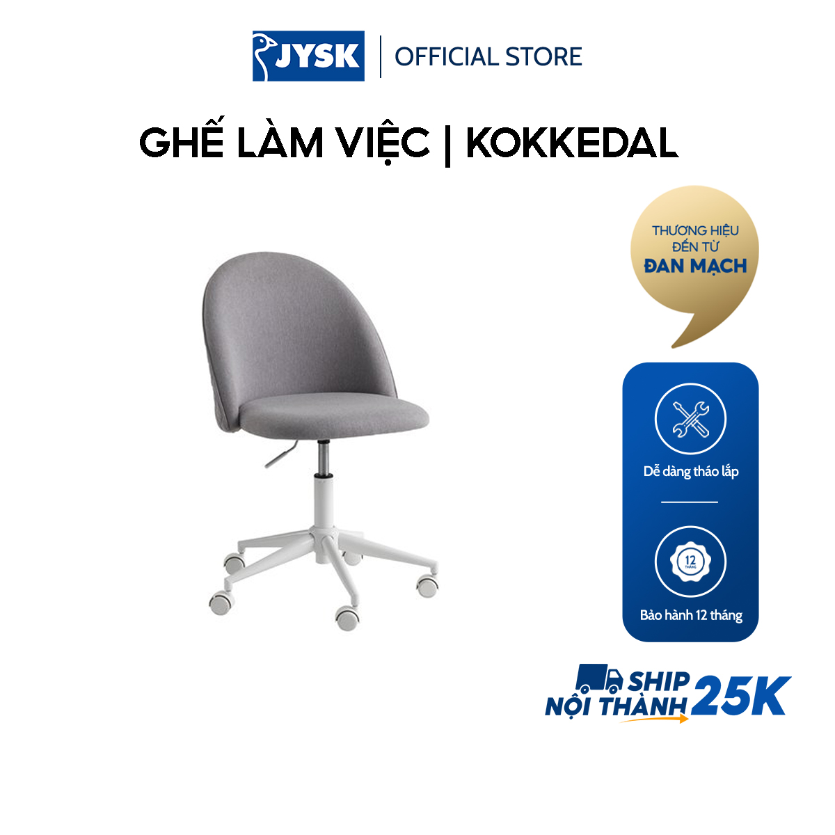 Ghế làm việc  JYSK Kokkedal  vải polyester  xám/trắng  R54xS58xC81/94cm