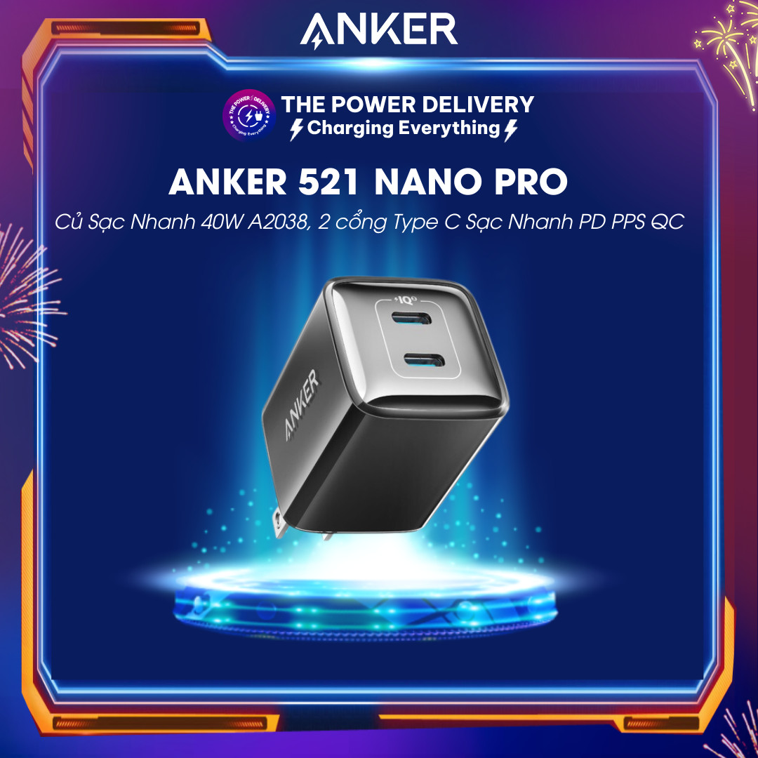 Củ sạc nhanh anker 521 nano pro 40w a2038, 2 cổng type c sạc nhanh pd pps qc - siêu nhỏ gọn, tiện lợi