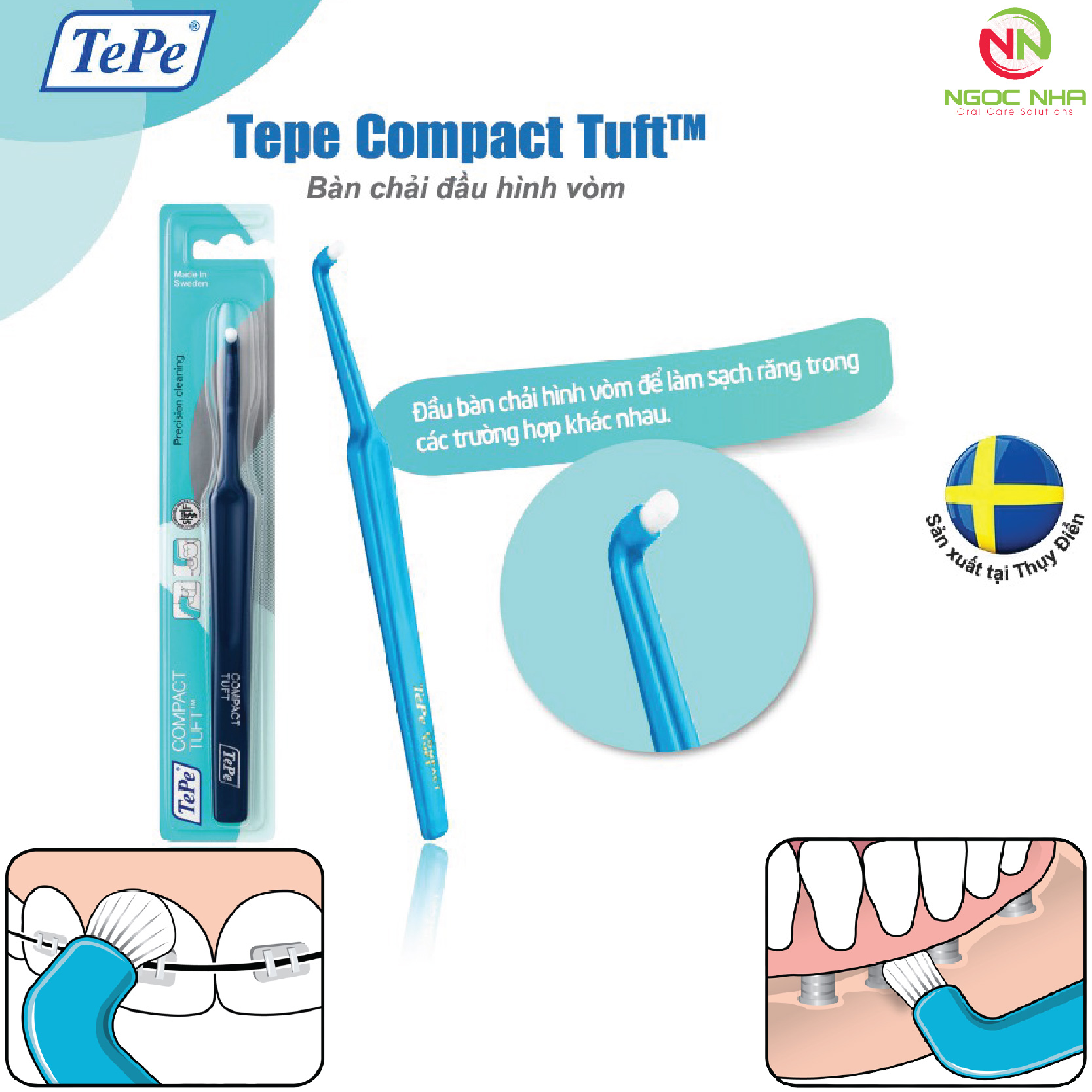 Bàn chải đánh răng đầu vòm nhỏ cho răng chỉnh nha Implant Tepe Compact