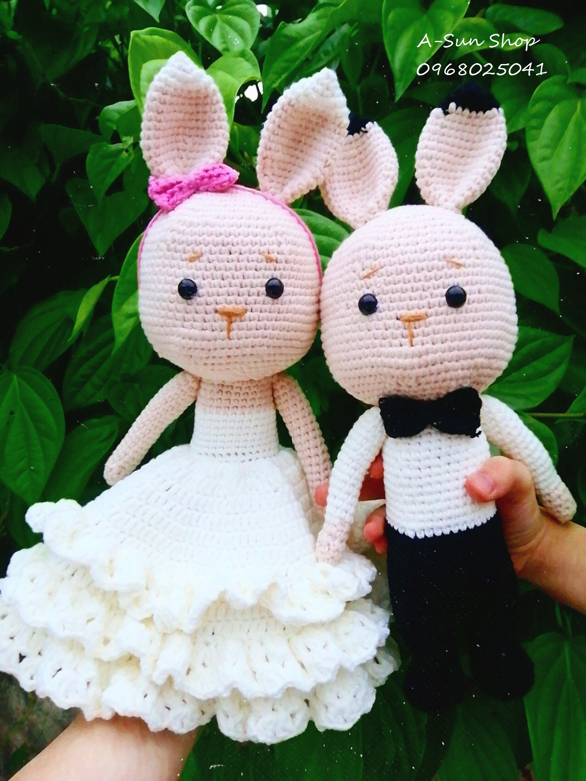 Cặp thỏ đám cưới- Thú nhồi bông móc len handmade- Thỏ đám cưới-Thỏ nhồi bông handmade