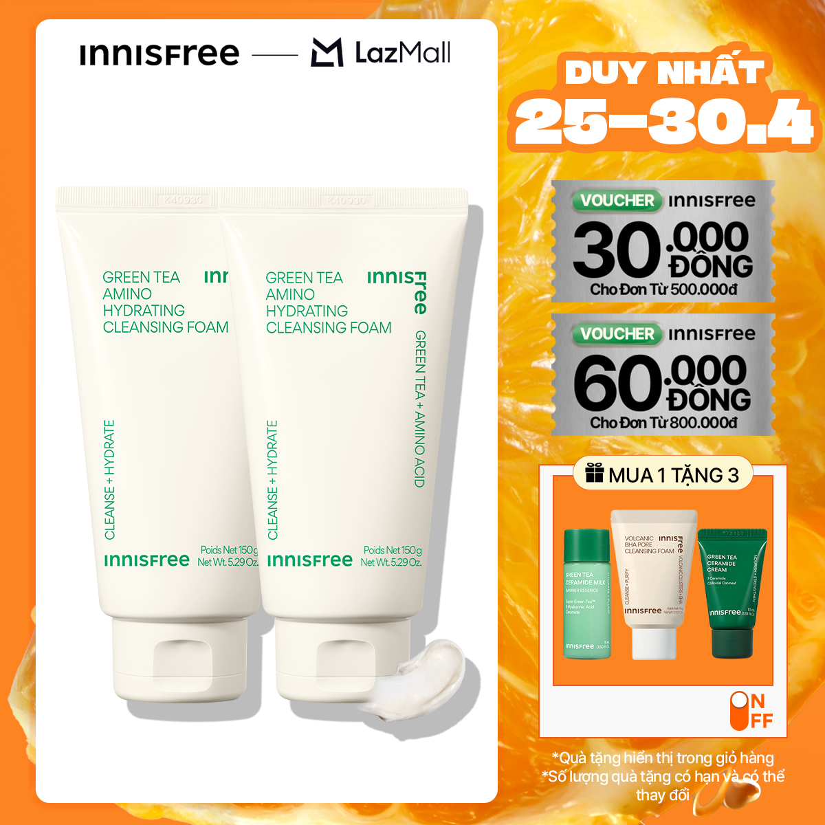 Bộ 2 Sữa rửa mặt làm sạch và cấp ẩm từ trà xanh INNISFREE Green Tea Hydramino Cleansing Foam 150g*2