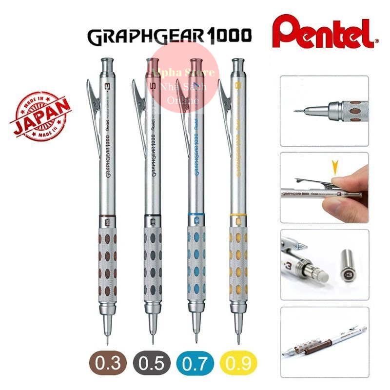 Bút chì kim cao cấp pentel graphgear 1000, viết chì bấm kỹ thuật nét 0.3/ 0.5/ 0.7/ 0.9mm