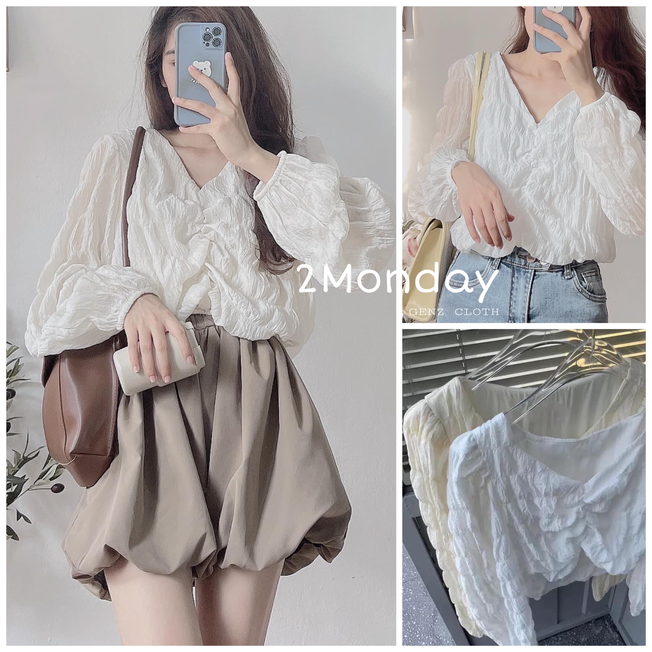 Áo xốp thun bèo nhún mix quần bom nâu xinh