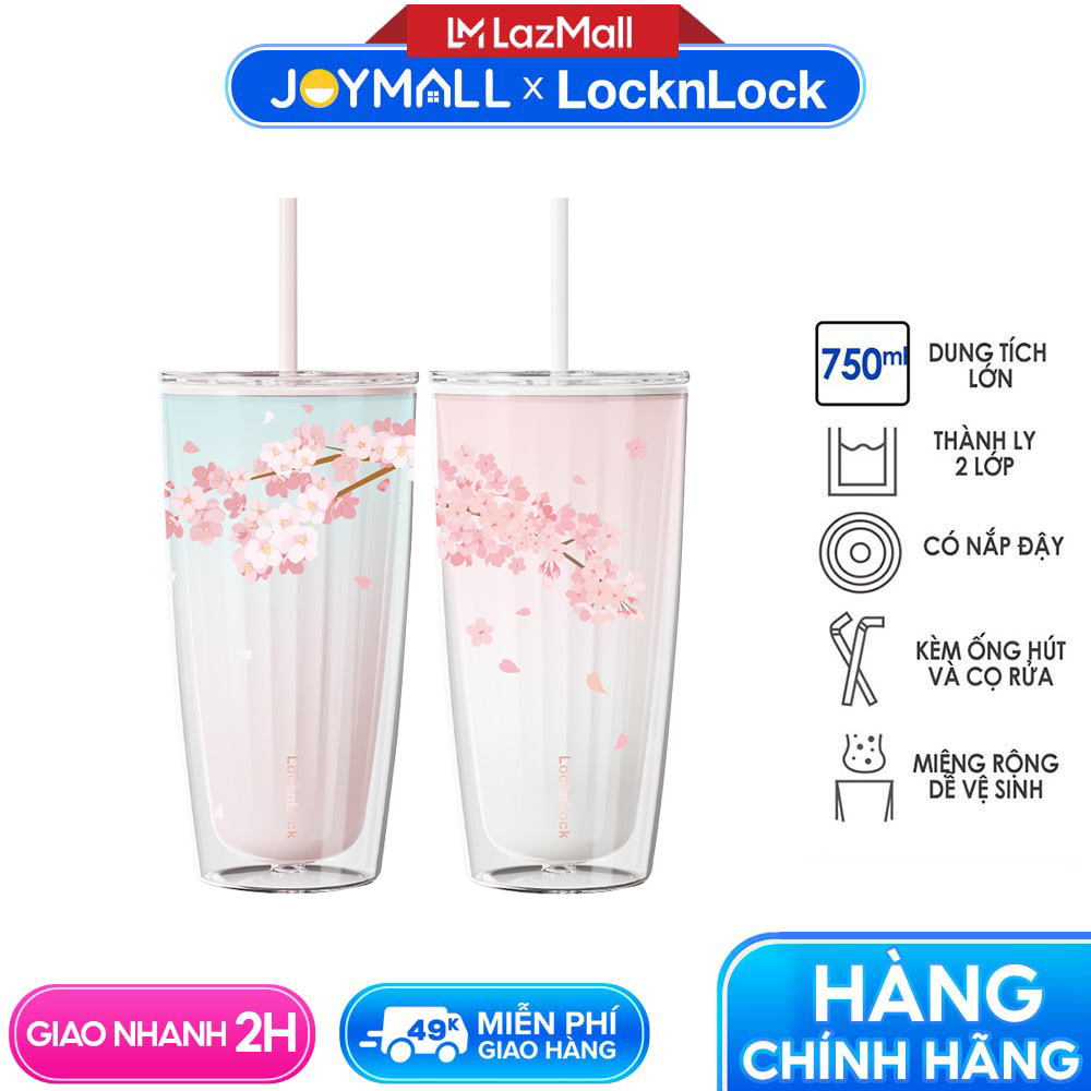 Ly nhựa LocknLock 2 lớp 750ml HAP522 720ml Anh Đào - Hàng chính hãng kèm ống hút, cách nhiệt tốt, miệng rộng - JoyMall