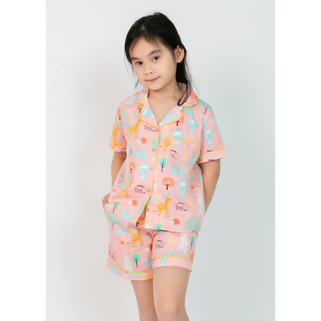 Đồ bộ mặc nhà bé gái pijama màu hồng hoạ tiết thú