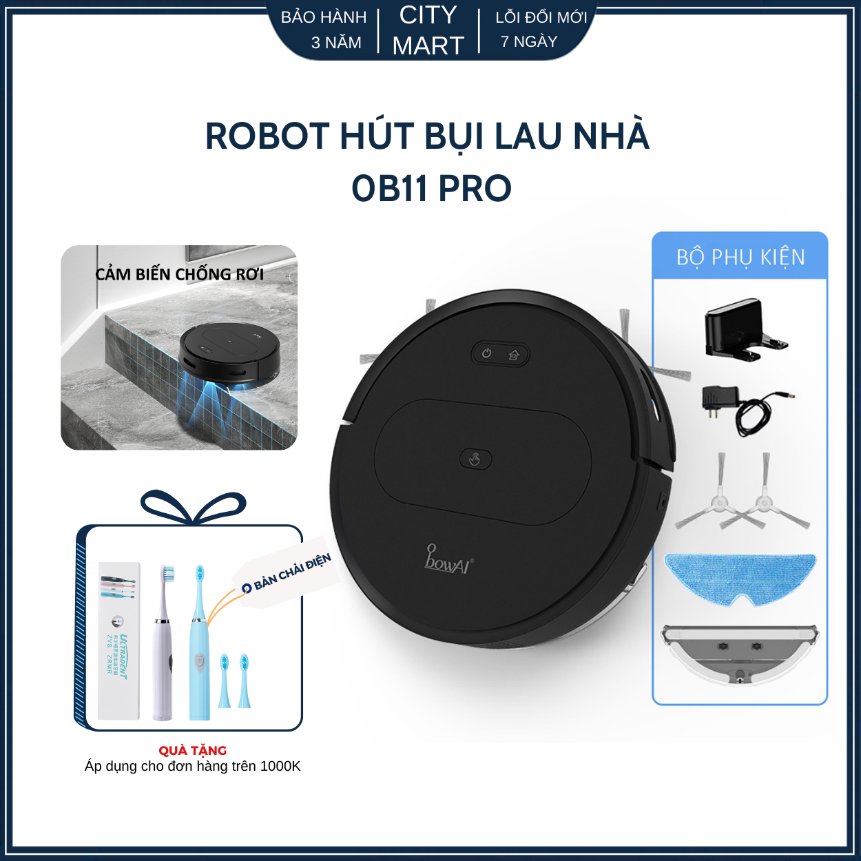 Robot hút bụi lau nhà thông minh tự động 3in1 cảm biến chống rơi điều khiển bằng app lực hút 1800pa