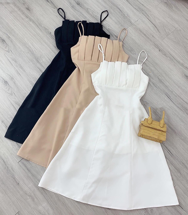 [HCM]Váy đầm nữ bánh bèo dự tiệc công sở thời trang Hoa Anh Đào thiết kế 2 dây xếp ly ngực chất liệu Umi size từ 40 - 52kg