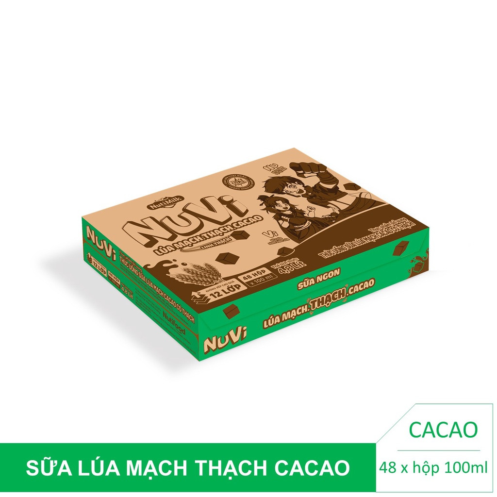 HSD T2-2024 Thùng 48 hộp NuVi TU Sữa Lúa Mạch Cacao Có Thạch Hộp 170ml hộp.