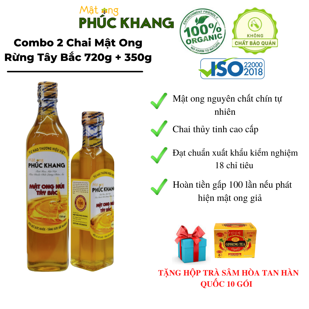 *Mật ong Phúc Khang - Combo 2 chai hoa rừng tây bắc chai 350g và 720g , giảm  ho , viêm họng , sử dụng hàng ngày hoặc làm quà biếu