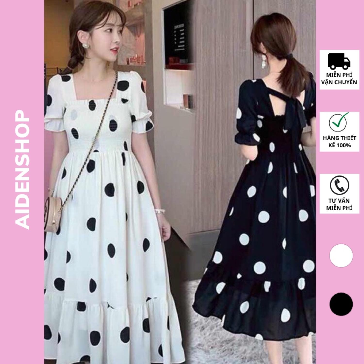 Váy bầu thời trang Aidenshop đầm bầu thiết kế dự tiệc chun ngực 40-65Kg VB18 thiết kế chấm bi