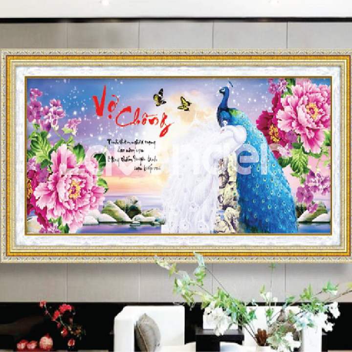 Tranh thêu chữ thập vợ chồng công hoa mẫu đơn LV3182 - kích thước 83 * 43