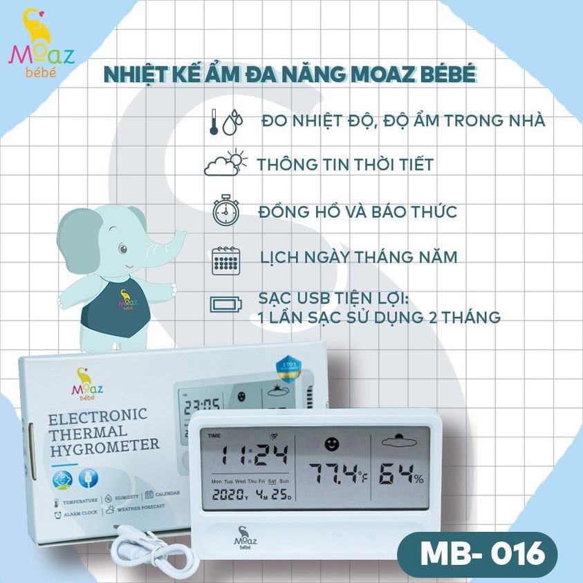 [HCM]MẸO NHỎ Nhiệt Kế Đo Nhiệt Độ Phòng Và Độ Ẩm Đa Năng Moaz Bébé MB016 Máy Đo Độ Ẩm Không Khí Hỗ Trợ Sạc Cổng USB Pin (100mal) An Toàn Tiện Lợi Tích Hợp Nhiều Chế Độ Xem Thời Tiết Đồng Hồ Đặt Báo Thức Chính Xác Tuyệt Đối