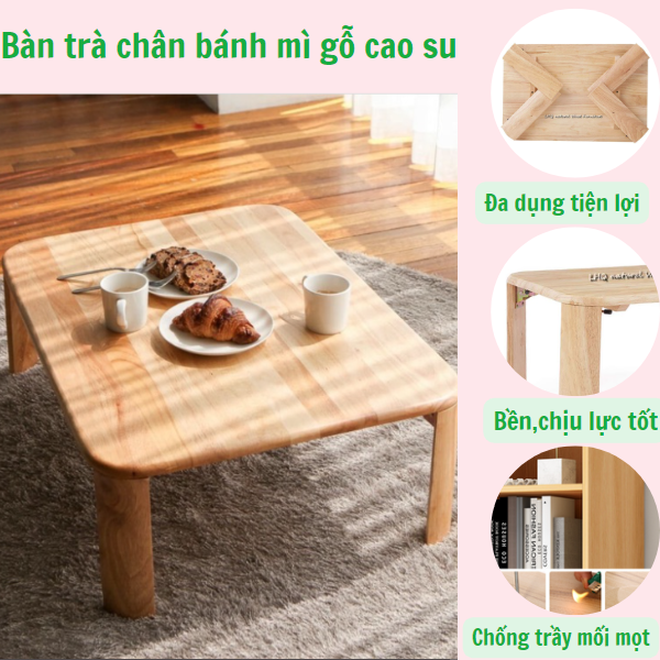 Bàn trà gỗ chân bánh mỳ gấp gọn nhiều kích thước-Bàn trà cà phê kiểu dáng Nhật Hàn - Bàn xếp gọn - Bàn ngồi bệt