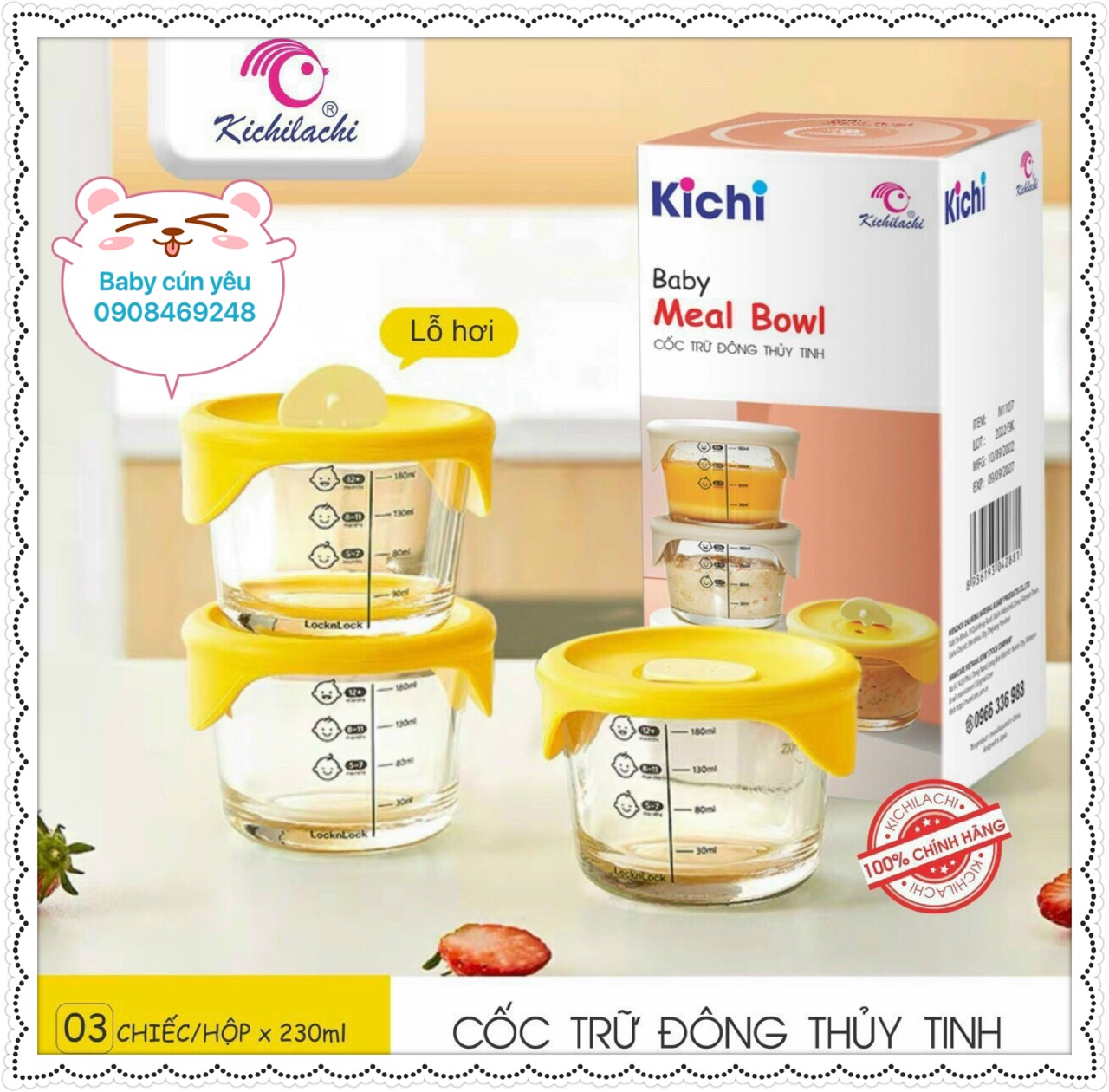 Bát thuỷ tinh đựng đồ cho bé ăn dặm Kichilachi có vạch chia ml - Hộp trữ đông thực phầm  cho bé và gia đình  110ml