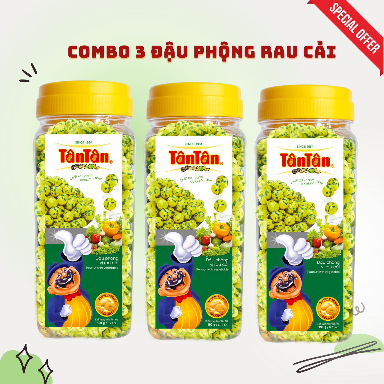 Đậu phộng vị rau cải tân tân 190g - combo 3 hũ