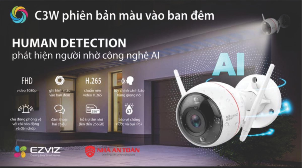 Camera Ezviz C3W Full Color Pro 1080P(Phiên Bản Pro Hỗ Trợ  Phát Hiện Người Bằng AI) Có Màu Bang Đêm, Camera Wifi Ezviz Chính Hãng, Bảo Hành 24 Tháng