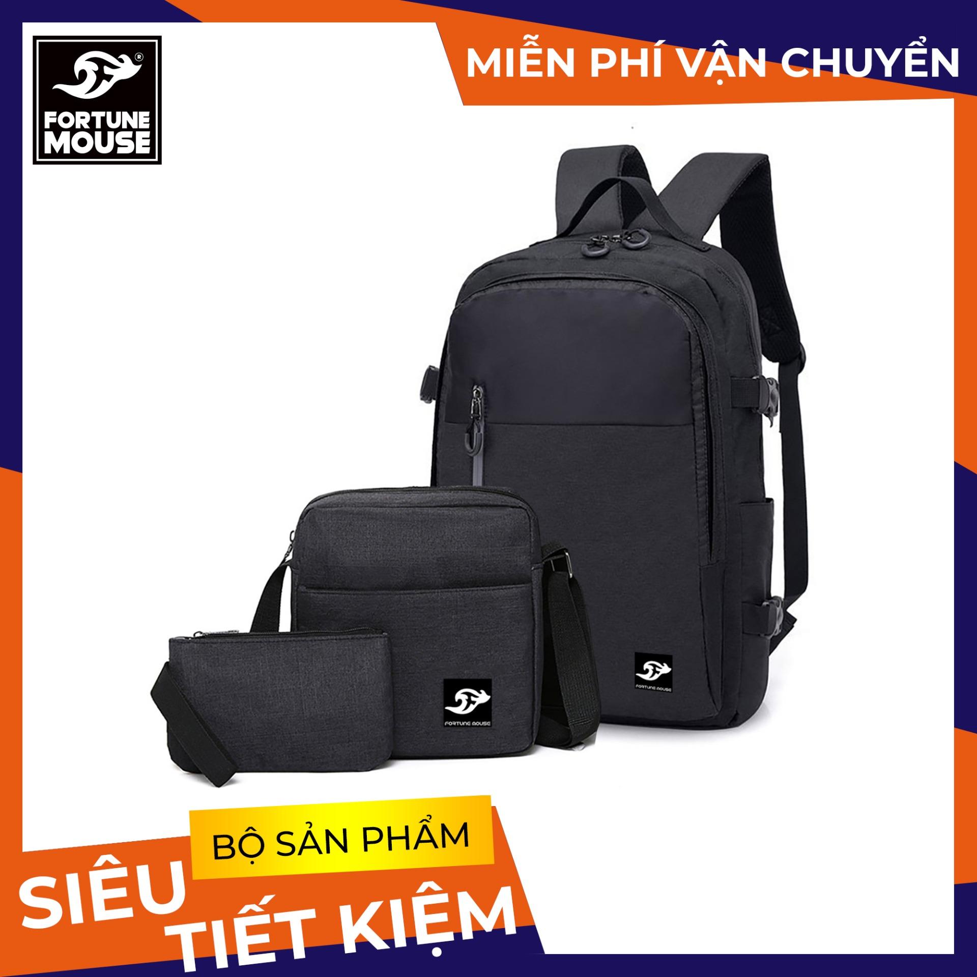 Combo b120: balo đi học, đi làm laptop 16inch + túi đeo chéo ipad + bóp bút vải bố xước cao cấp fortune mouse b120
