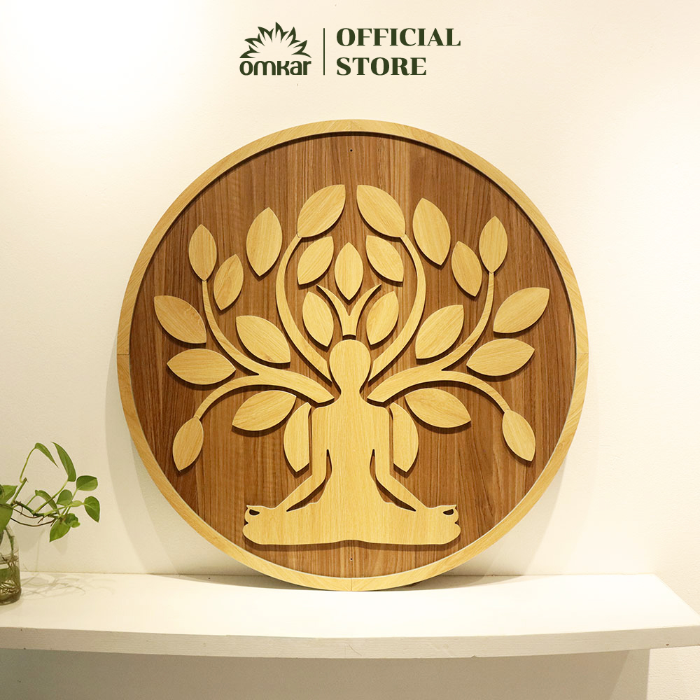 Tấm gỗ điêu khắc treo tường Bồ Đề Tỉnh Thức Omkar trang trí nhà cửa, phòng tập yoga, không gian thiền, quán cafe, homestay size 80/120cm
