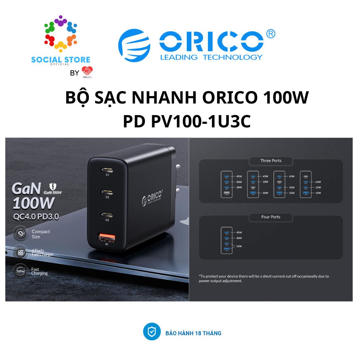 Củ sạc nhanh orico 4 cổng pd gan pv100-1u3c 100w|hàng chính hãng orico