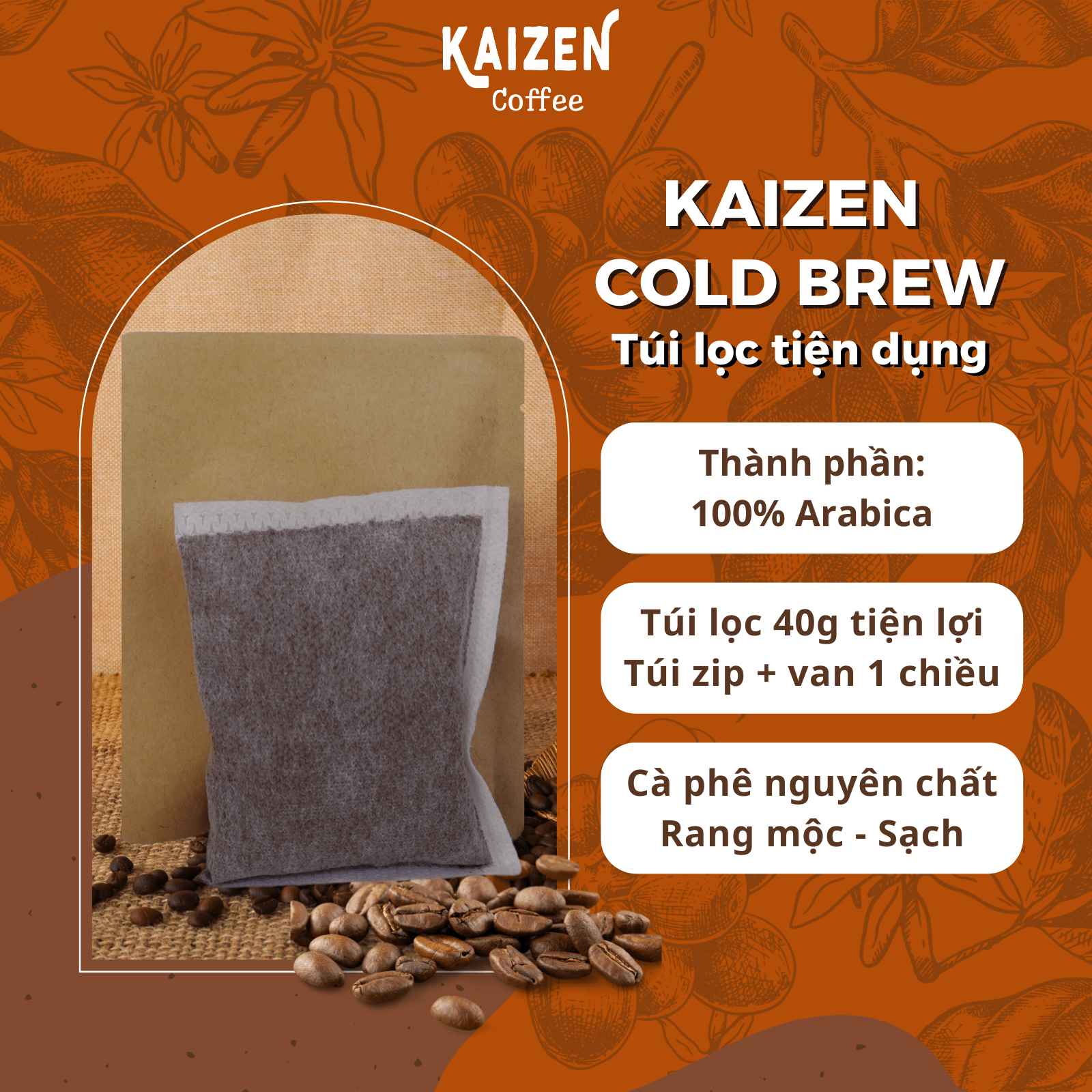 Gói dùng thử Cà phê Cold Brew túi lọc tiện lợi 40g/túi Arabica nguyên chất - Kaizen Coffee