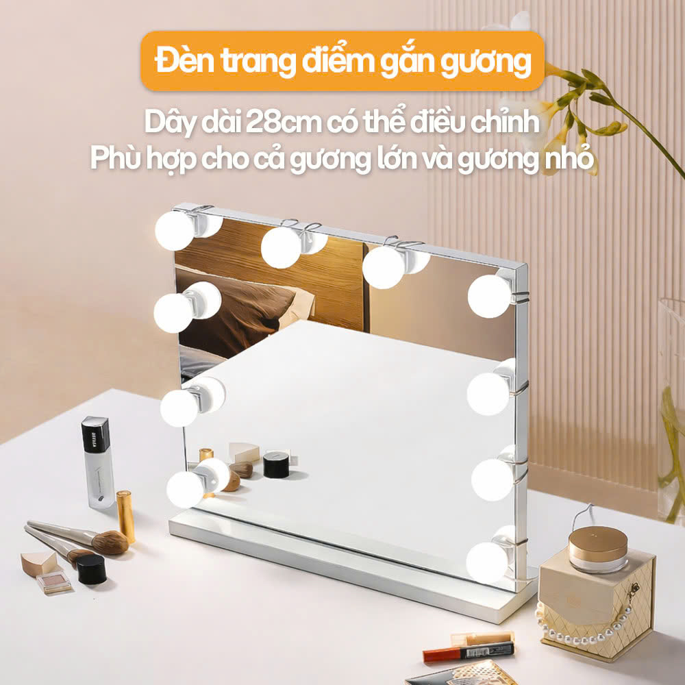 Combo 4/6/8/10 Cái Đèn Gương Trang Điểm 3 Màu Bóng Đèn LED Trước Gương Trang Điểm Hollywood Cắm USB Có Miếng Dán