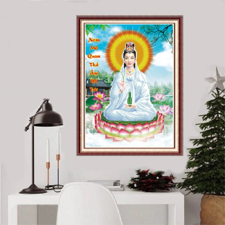Tranh Thêu Chữ Thập 3D Phật Quan Âm, Kích Thước 46x59cm (Tặng Bộ Phụ Kiện Tranh Thêu Chữ Thập)
