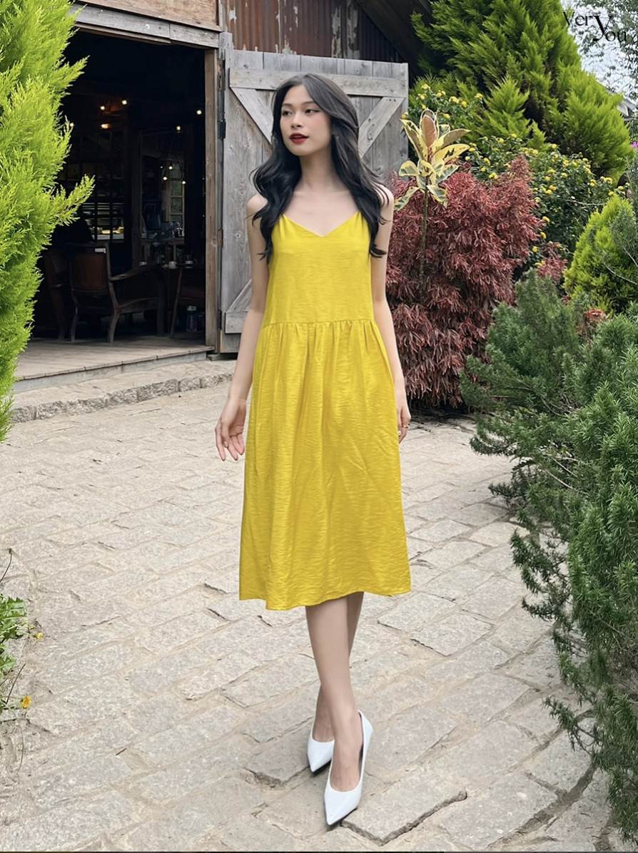 Đầm dây vàng tơ xước cơ bản - yv le & co