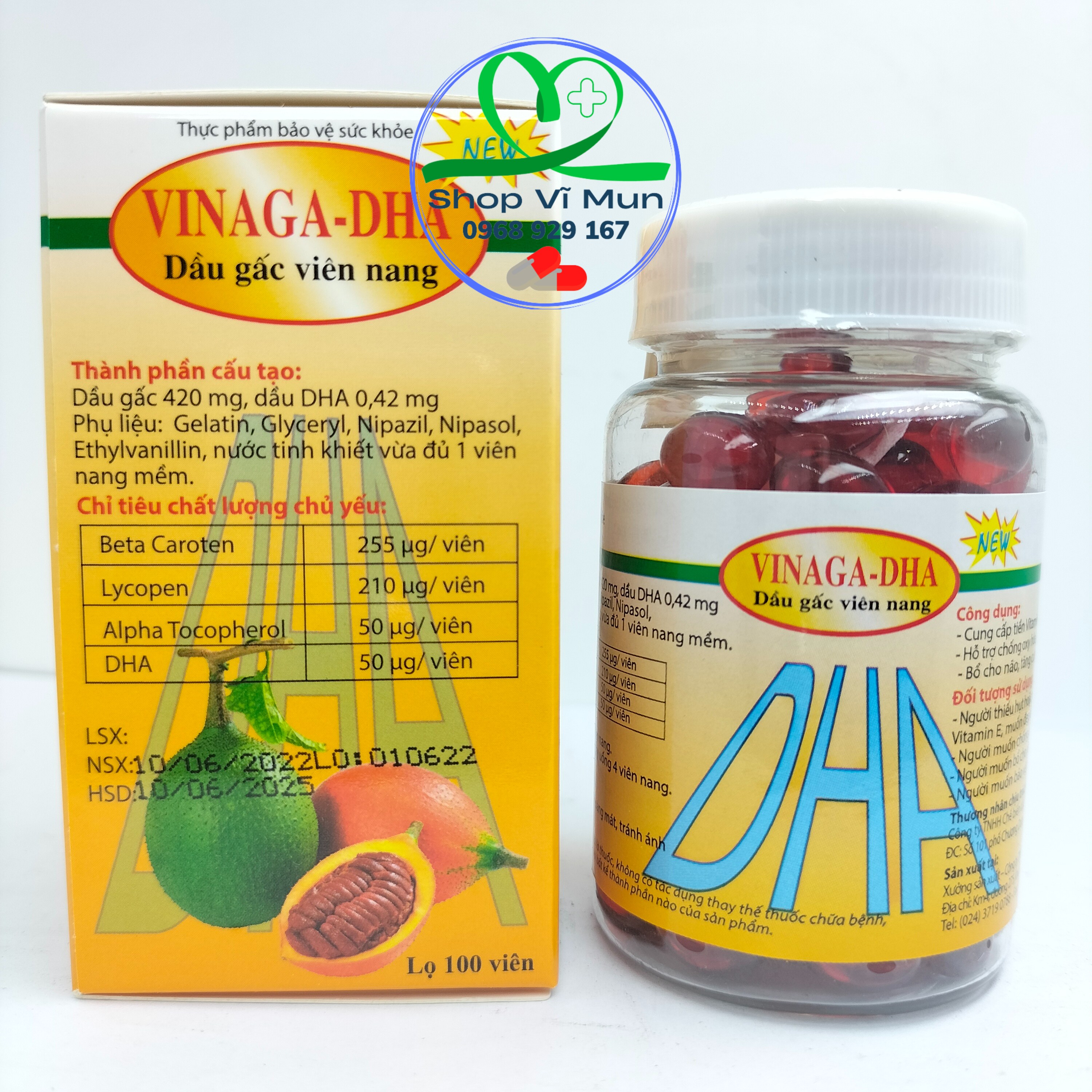 Viên dầu gấc Vinaga DHA chiết xuất từ tinh dầu gấc tự nhiên chất lượng cao giúp sáng mắt đẹp da ngừa lão hoá 100v