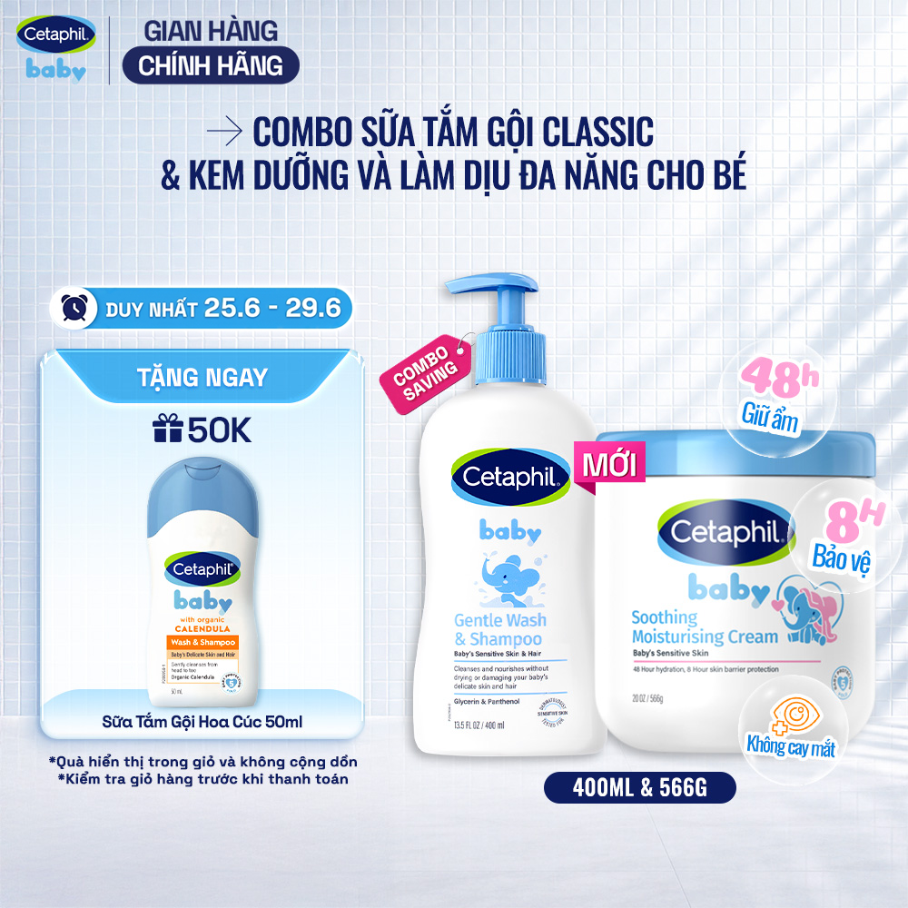Combo Sữa tắm gội dịu lành cho bé CETAPHIL BABY GENTLE WASH  SHAMPOO 400ML  Kem làm dịu và dưỡng ẩm cho bé Cetaphil Baby Soothing  Moisturising Cream hũ 566g