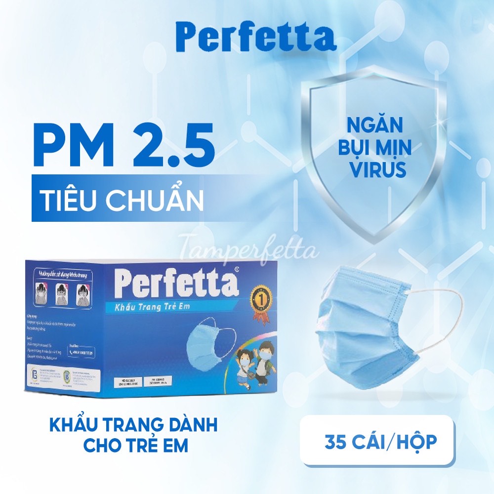 [HCM]Khẩu trang y tế trẻ em ( 6-12 tuổi )cao cấp Perfetta 3 lớp- Hộp 35 cái màu xanh dương,đóng gói riêng từng cái tiện lợi,vệ sinh.