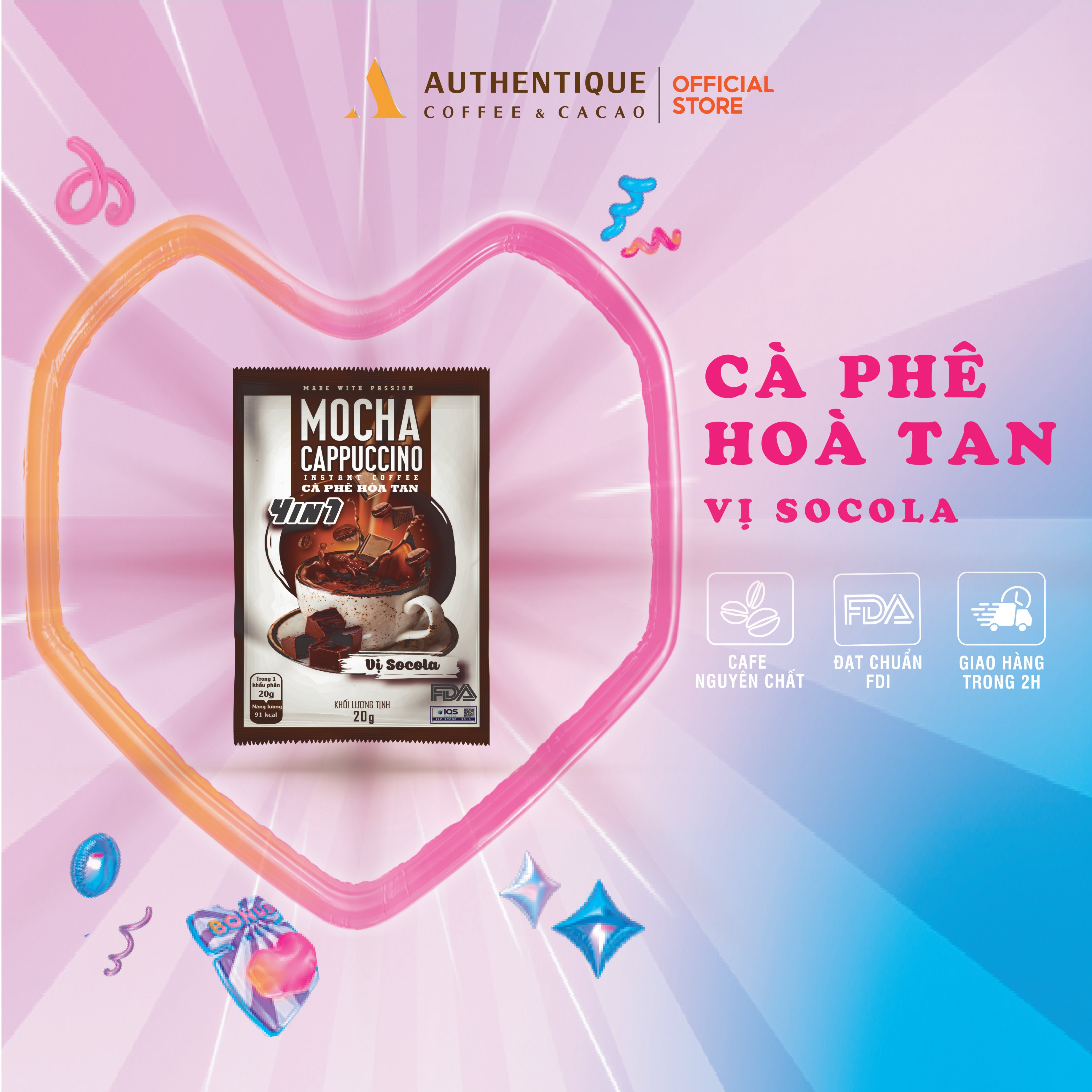 Cà phê Authentique hòa tan vị Socola 4in1 20G