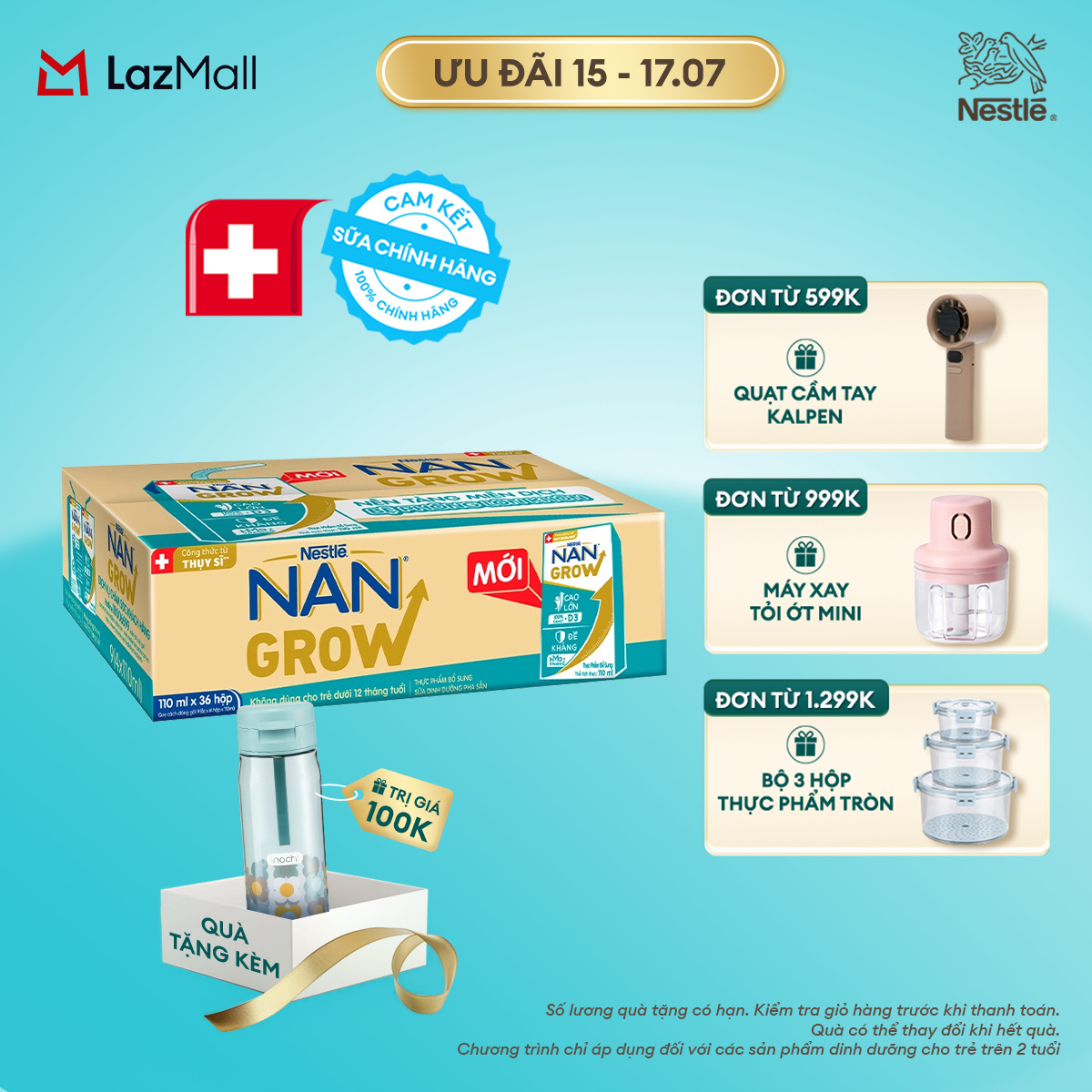 [CHỈ 15-17.07 QT ĐƠN 599K/999K/1299K][Tặng Bình nước Inochi] Thùng 36 hộp Sữa pha sẵn Nestlé NANGROW 110ml/hộp sữa mát công thức từ Thụy Sĩ 100% Canxi giúp bé cao lớn vượt trội 9(4 x 110ml)