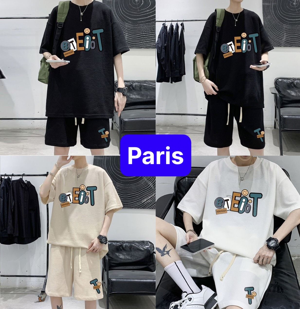 BỘ QUẦN ÁO THỂ THAO NAM NỮ UNISEX TỔ ONG THÊU CHỮ EBIT PHONG CÁCH SÀNH ĐIỆU VIP - PARIS FASHION