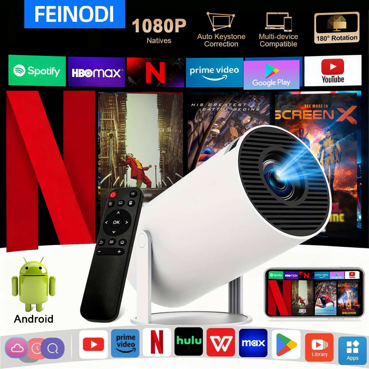 Feinodi Portable Projector, 1080P 4K Bluetooth for Home Theater/Gaming/Online Classes, Hd Wireless Connection