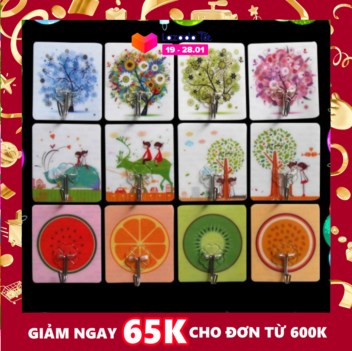 Combo 60 móc dán tường chịu lực họa tiết 3d siêu dính, móc dán tường cường lực 7.5 x 8.5cm