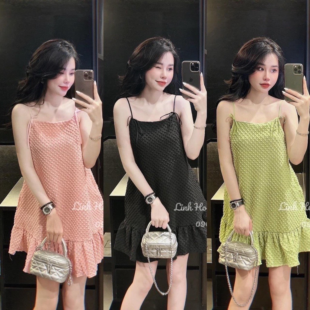 Đầm 2 dây xòe BC59D2 cột nơ đuôi cá xốp ô vuông quảng châu