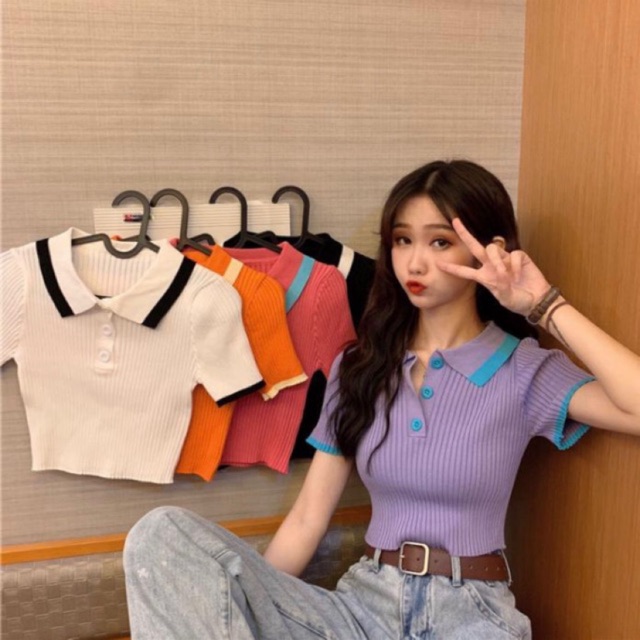 Áo len croptop cổ đức viền màu 5935 Ulzzang style?? Hàng Quảng Châu