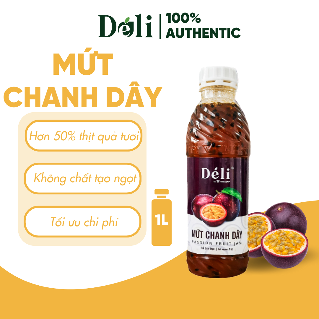 Mứt chanh dây Déli - 1 lít - thịt quả tự nhiên, chuyên dùng pha chế trà trái cây, sinh tố