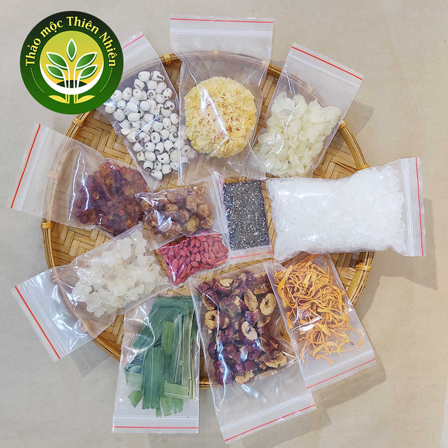 Chè Dưỡng Nhan 12 vị - Nguyên liệu 550g nấu được 12 chai 330ml, giúp giải nhiệt, thanh mát với nhiều nguyên liệu giúp bồi bổ cơ thể, bổ sung collagen tự nhiên, nhiều vitamin A, C l Kho thảo mộc thiên nhiên