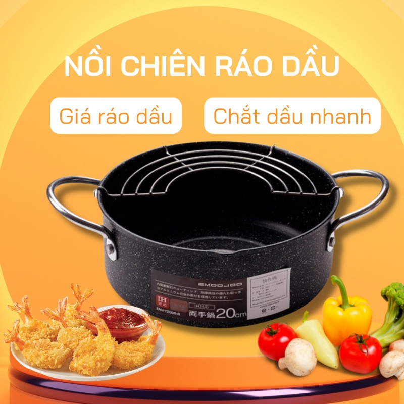 Nồi chiên chống dính nhật cao cấp size 20cm vân đá siêu bền, tặng kèm khay ráo mỡ. titms149