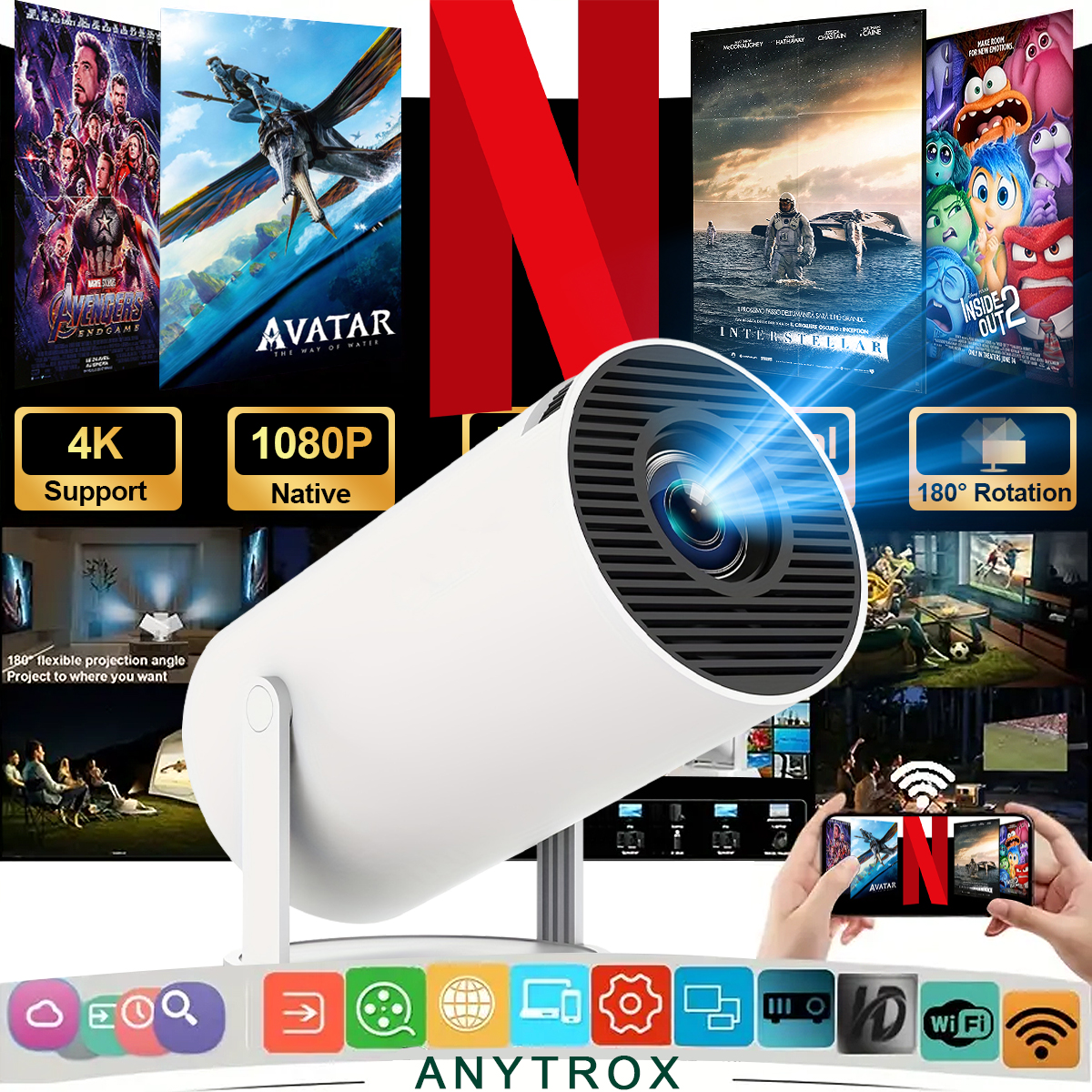 1080P White Projector with Auto-Locking Point Adjustment Feature, Compatible with Multiple Devices, 180-Degree Rotation ° , Remote Control, Android, Netflix, Hulu, Hbo Max, Prime Video, Google Play, Youtube.