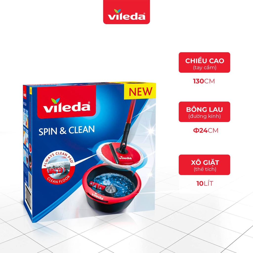 Cây lau nhà VILEDA Spin and Clean đầu lau đĩa tròn, kèm xô giặt xoay 360 độ - Hàng nhập khẩu Đức