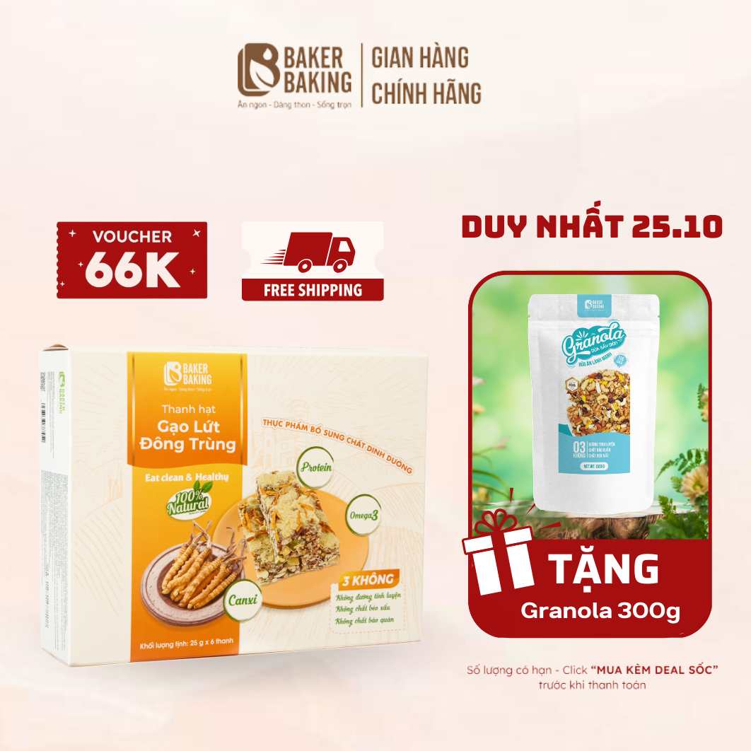 Thanh hạt gạo lứt đông trùng Baker Baking 70% hạt, 30% gạo lứt thanh bar energy  không đường, phù hợp tập luyện, ăn kiêng, tăng cơ 25g