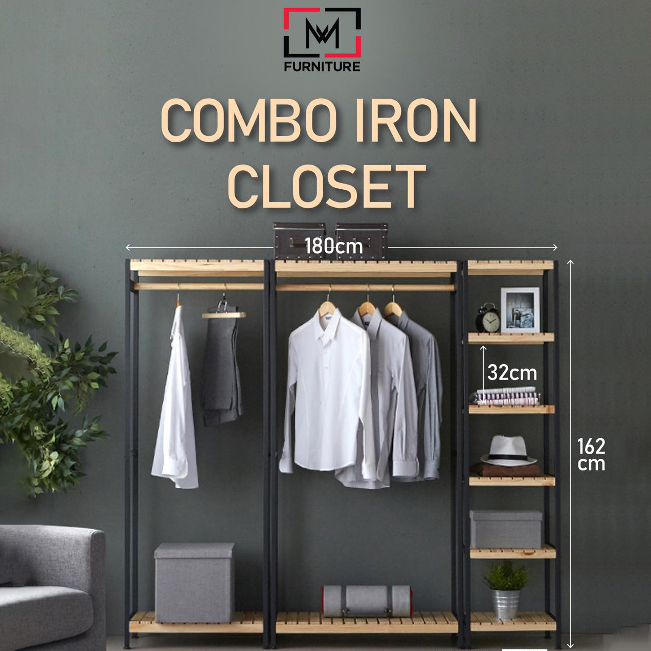 COMBO TỦ TREO QUẦN ÁO GỖ KHUNG SẮT TĨNH ĐIỆN MÀU ĐEN/TRẮNG CAO CẤP THƯƠNG HIỆU ĐỘC QUYỀN MW FURNITURE- COMBO IRON CLOSET