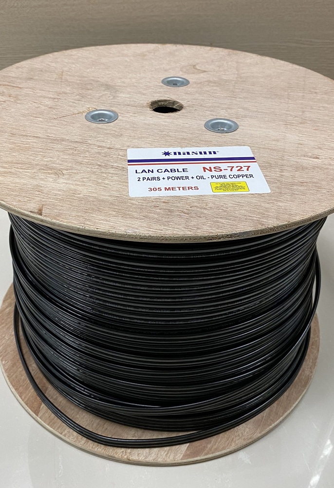 Cuộn 305m. Dây cáp camera 4 lõi đồng liền nguồn, có dầu, bọc bạc, có cường lực, chuẩn đồng nguyên chất mã Nasun NS-727