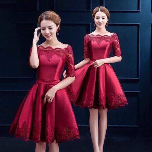 HOT Đầm xòe bẹt vai công chúa xếp ly phối ren dịu dàng