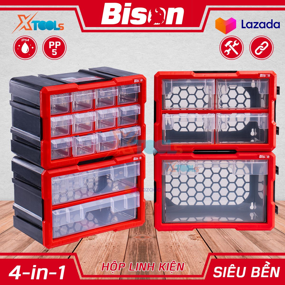 Bộ 4 hộp đựng linh kiện đa năng BISON, tủ nhựa đựng đồ nghề nhiều ngăn có thể ghép nối chất liệu nhựa nguyên sinh PP5 chống va đập, hộp nhựa đựng dụng cụ đồ nghề, ốc vít, linh kiện điện tử